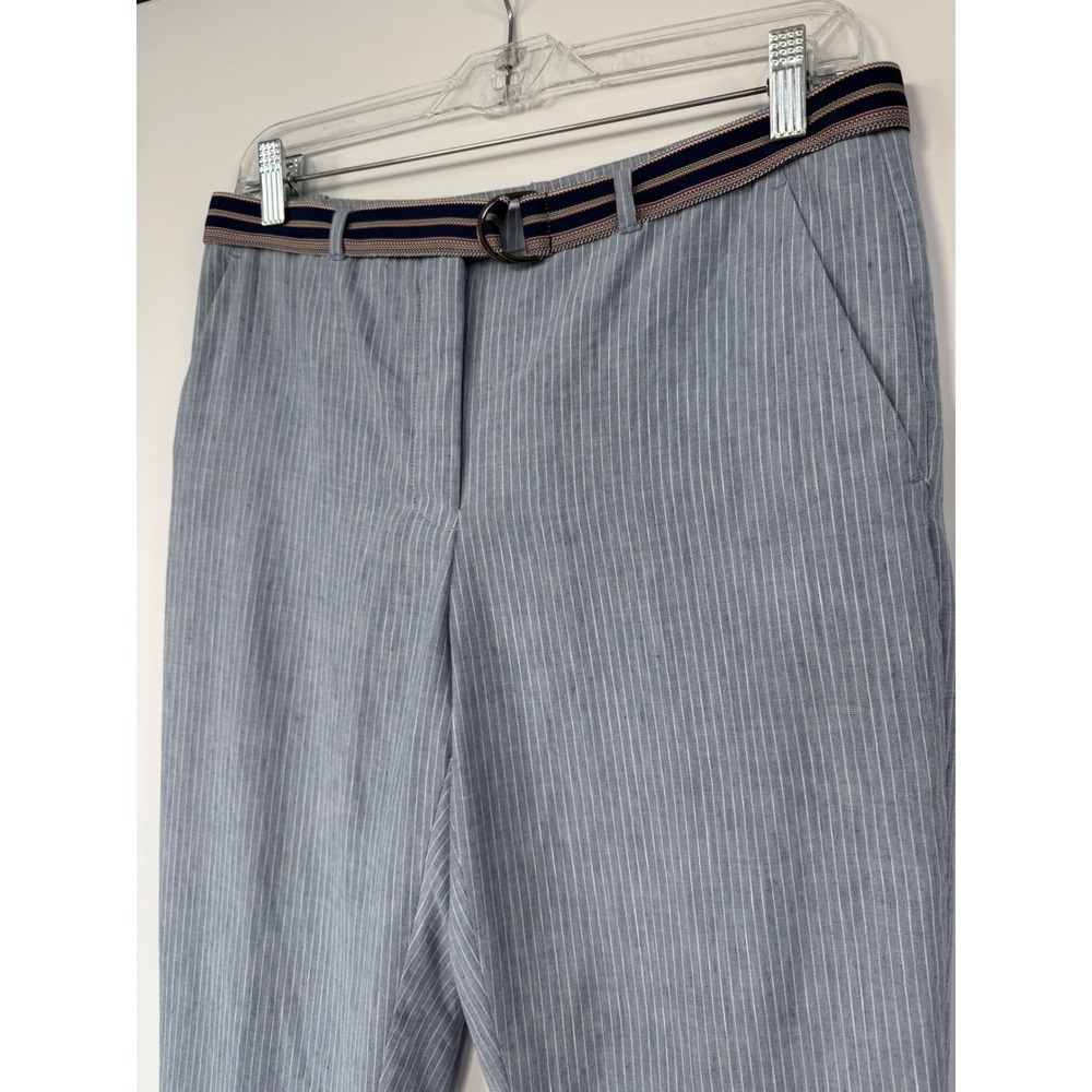 T Tahari Womens Pinstripe Linen Blend Straight Leg Pants Size 8 Blue Preppy Boho